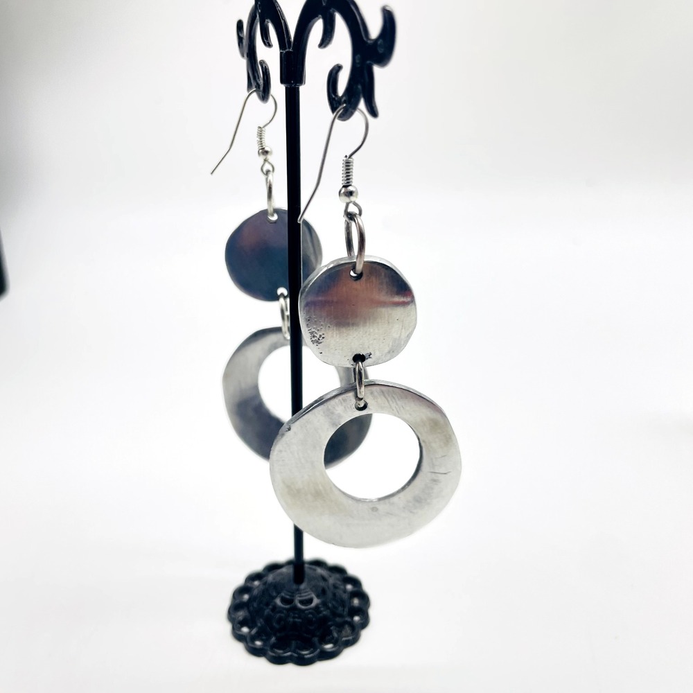 Silver Tone Pierced Dangle Earrings Mod Open Circle Disc Geometric Statement